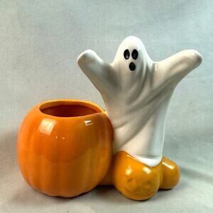 Vintage Mr. Ceramics Ceramic Halloween Ghost & Pumpkin Planter / Decorative Bowl